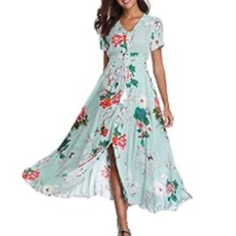 LIGHT GREEN FLORAL BOHO MAXI DRESS